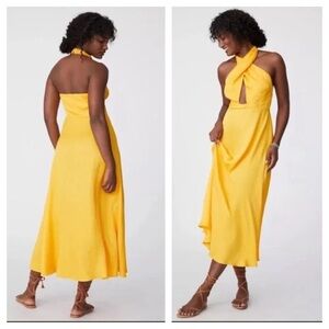 NWT FARM Rio x Anthropologie Yellow Keyhole Halter Maxi Dress